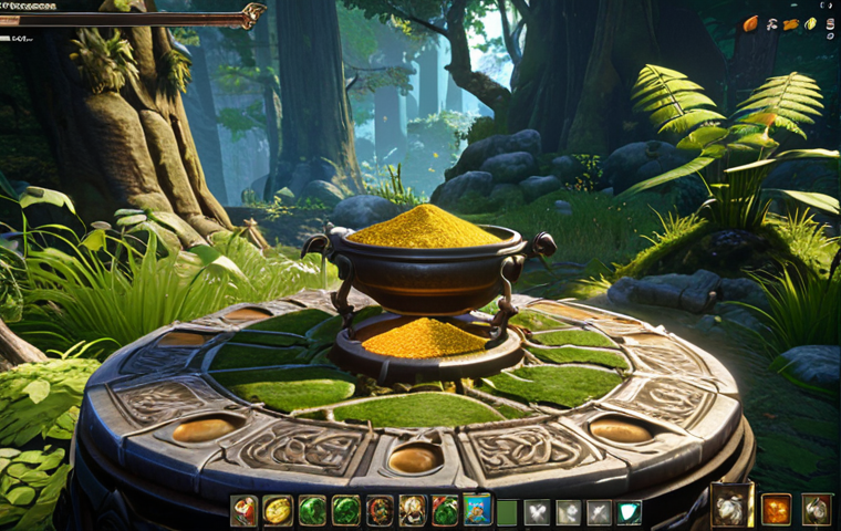 Gathering Crafting Materials**
* **Prompt:** Lush forest scene, Blade & Soul Revolution character gathering herbs, sparkling ore deposit in background, UI elements showing material quantities, fantasy MMORPG vibe.
**